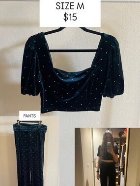 Cider Dark Green Velvet Crop Top and Pants Set with Rhinestones